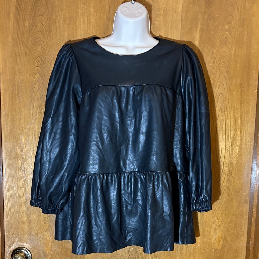 THML Black Faux Leather Peplum Top